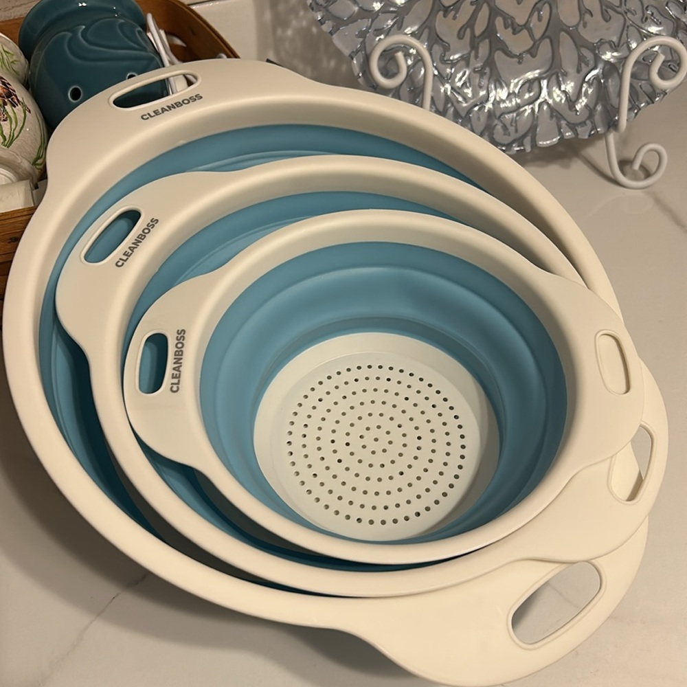 JOY MANGANO CLEAN BOSS Collapsible Blue and White Colander Set NEW - Picture 4 of 5